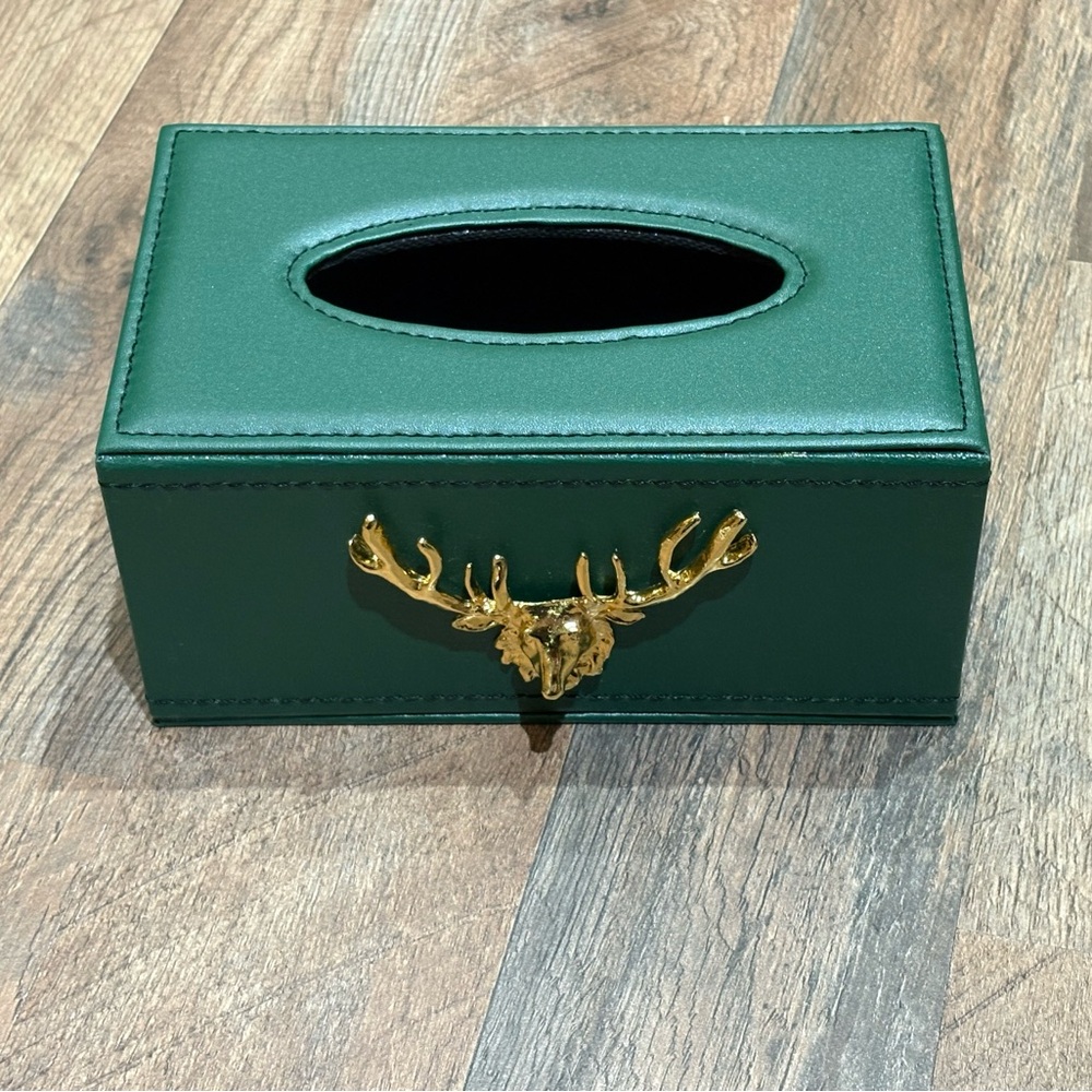 Green Tissue Box with Gold Deer Accent